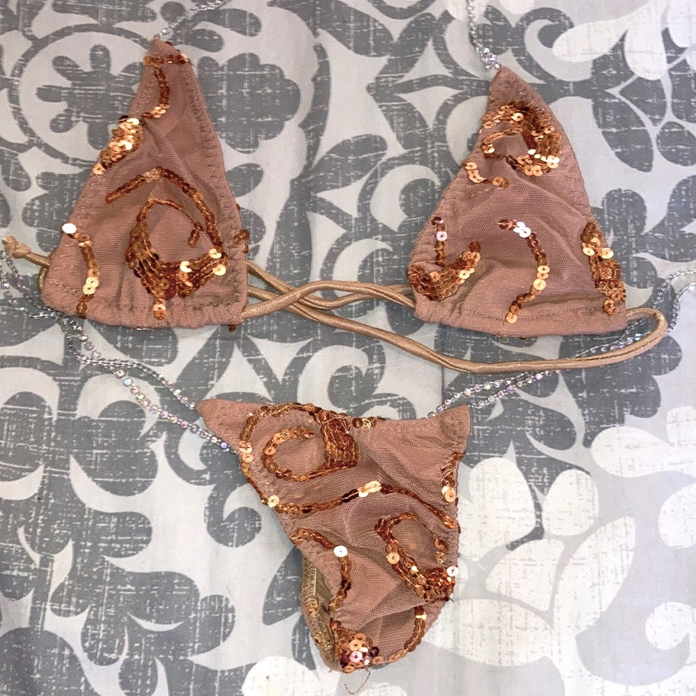 Swarovski Rhinestone Gold Sequin Bikini Thong Set